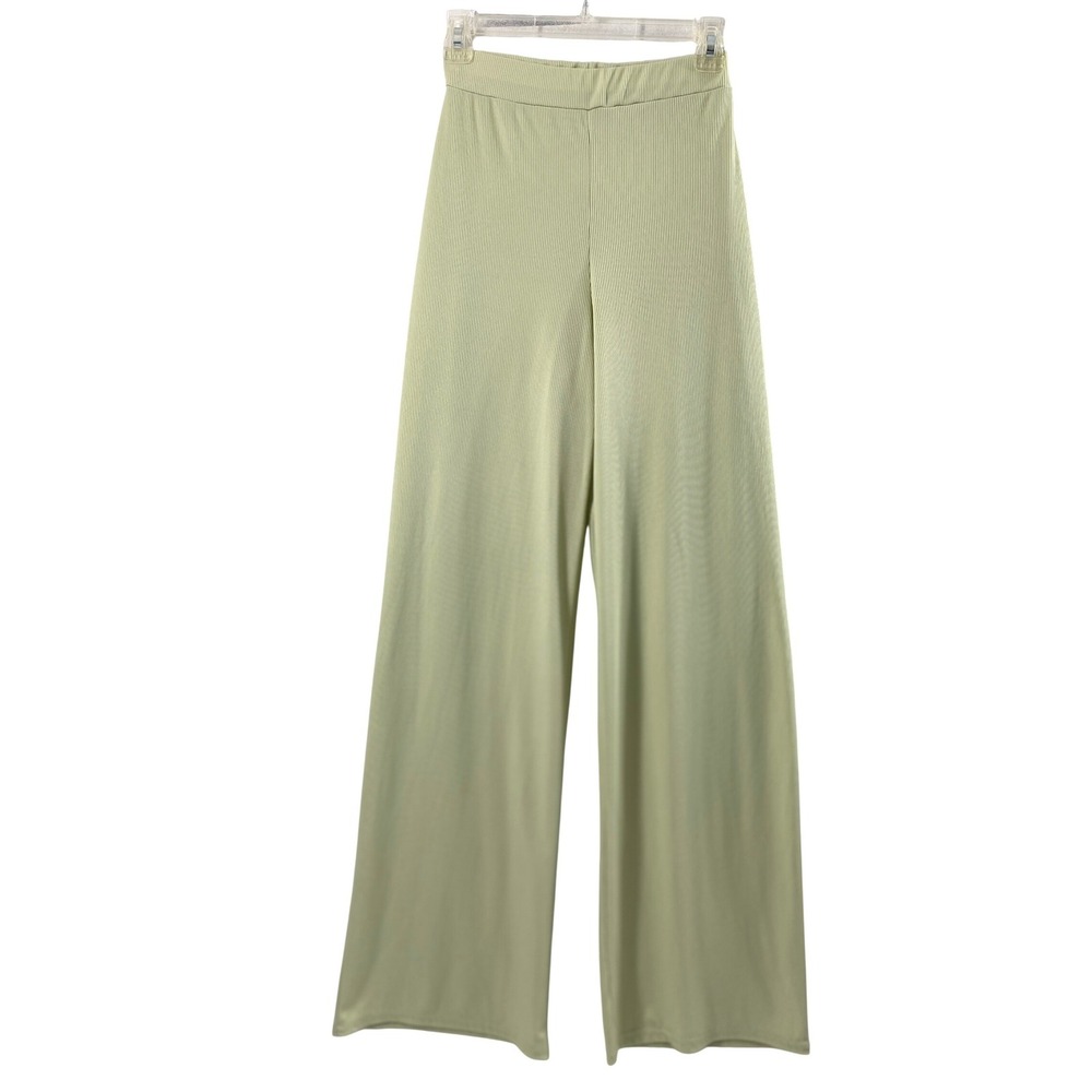 Nasty Gal Pants Women 4 Light Green Ribbed Knit Wide Leg High Waist Flowy Lounge